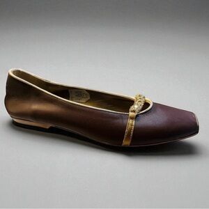 PRATESI ITALY BROWN RHINESTONE EMBELLISHED LEATHER FLATS SIZE 39